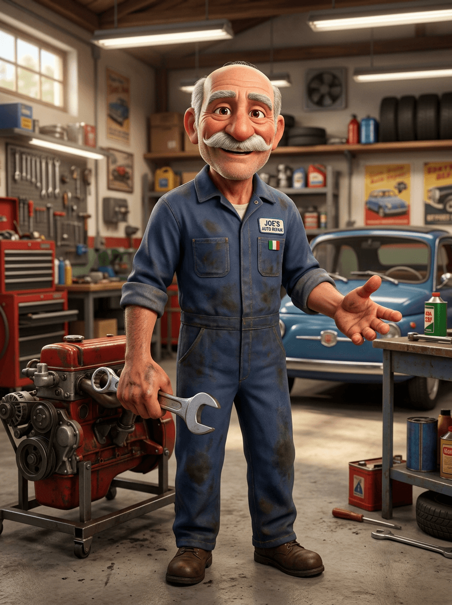 Joe's Garage — character-driven auto repair website with a live AI receptionist, built by Cavora Systems